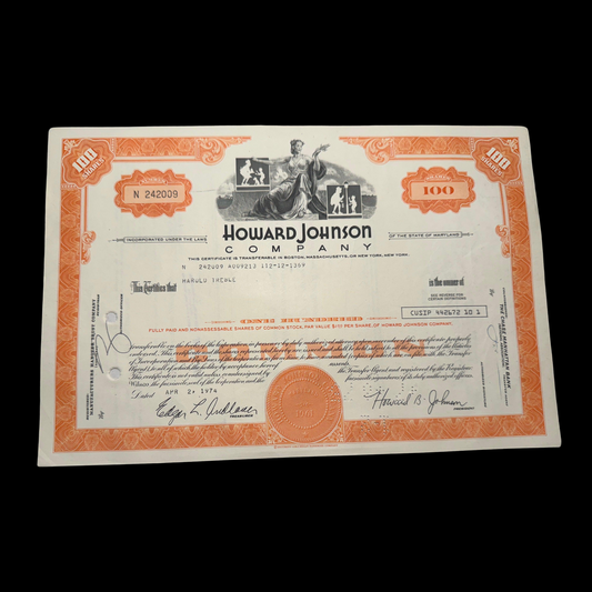 Howard Johnson (now Wyndham Hotels) Stock Certificate