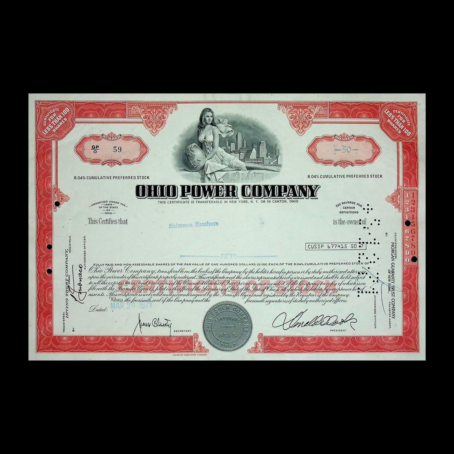 Ohio Power Company (now AEP) Stock Certificate from 1970s
