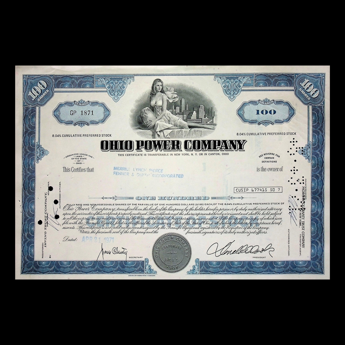 Ohio Power Company (now AEP) Stock Certificate from 1970s