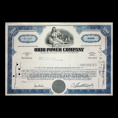 Ohio Power Company (now AEP) Stock Certificate from 1970s