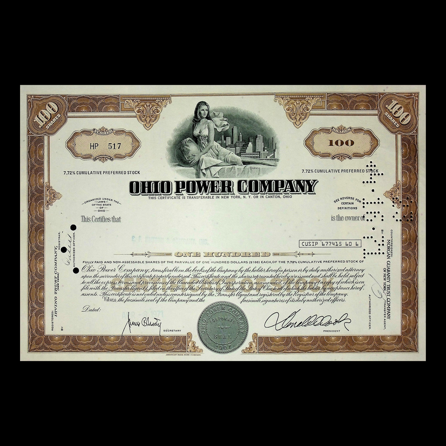 Ohio Power Company (now AEP) Stock Certificate from 1970s