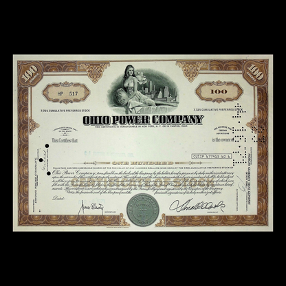 Ohio Power Company (now AEP) Stock Certificate from 1970s
