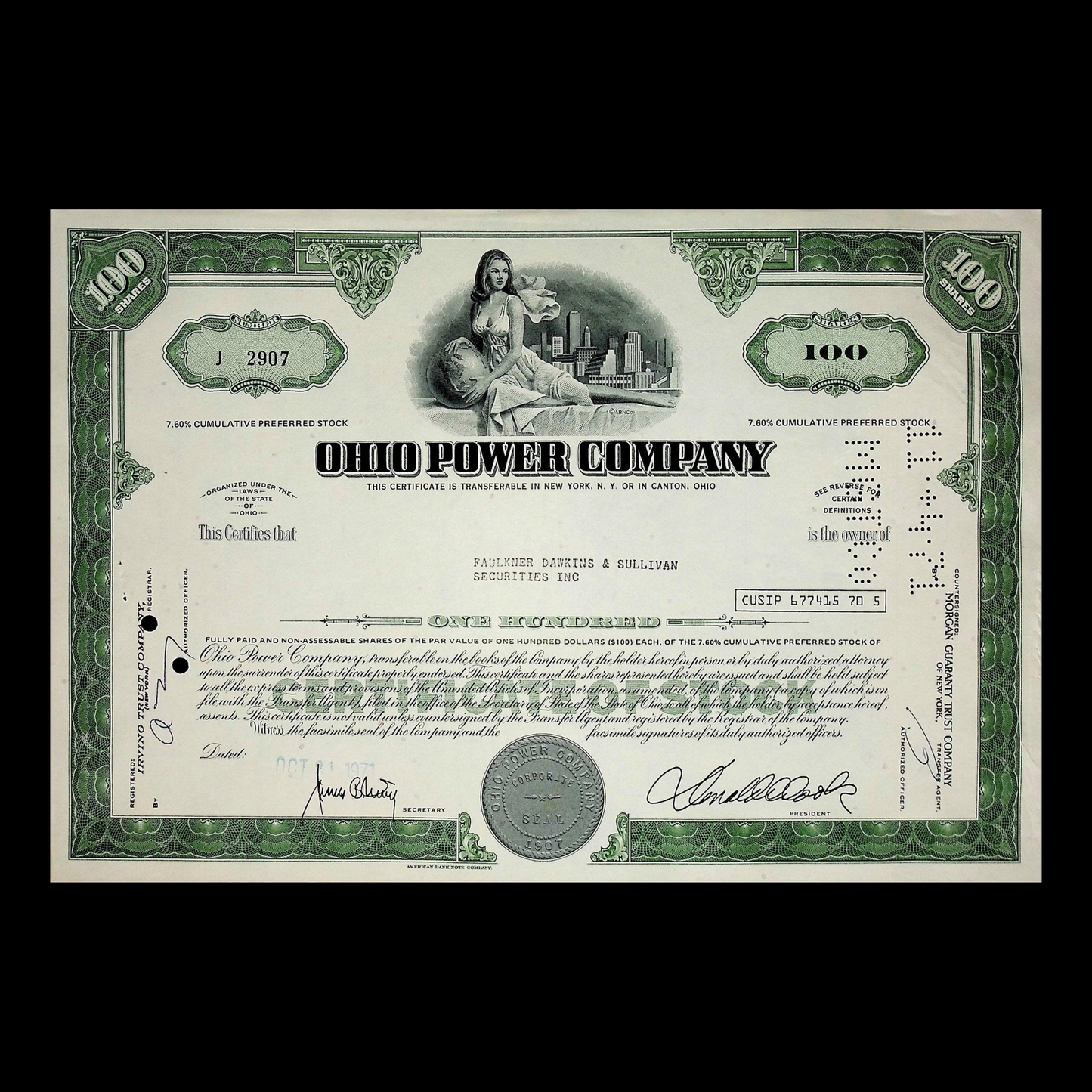 Ohio Power Company (now AEP) Stock Certificate from 1970s