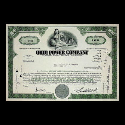 Ohio Power Company (now AEP) Stock Certificate from 1970s