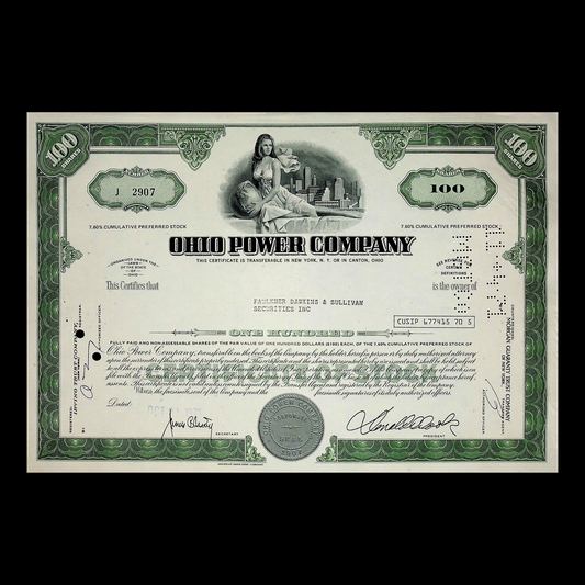 Ohio Power Company (now AEP) Stock Certificate from 1970s