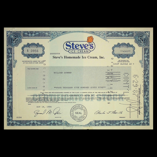 Steve's Homemade Ice Cream, Inc Stock Certificate