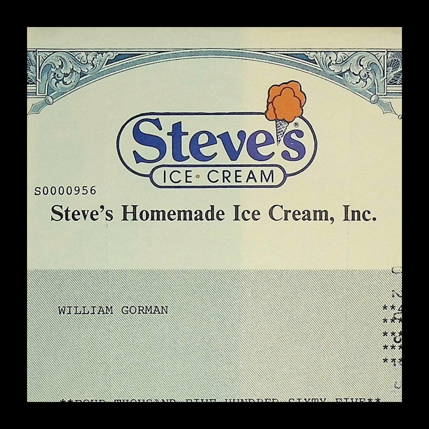 Steve's Homemade Ice Cream, Inc Stock Certificate