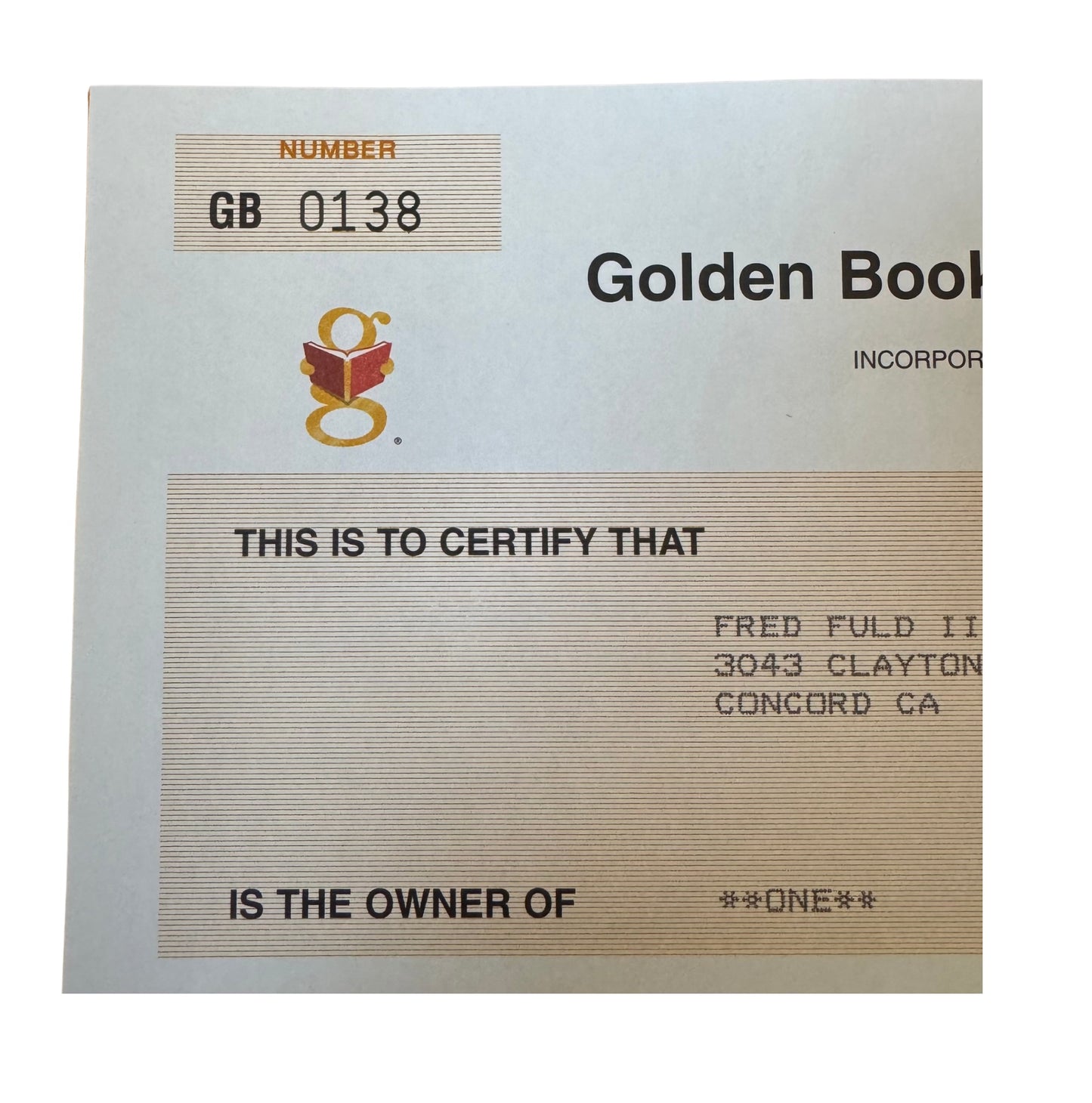 Golden Books Family Entertainment Stock Certificate (dot com)