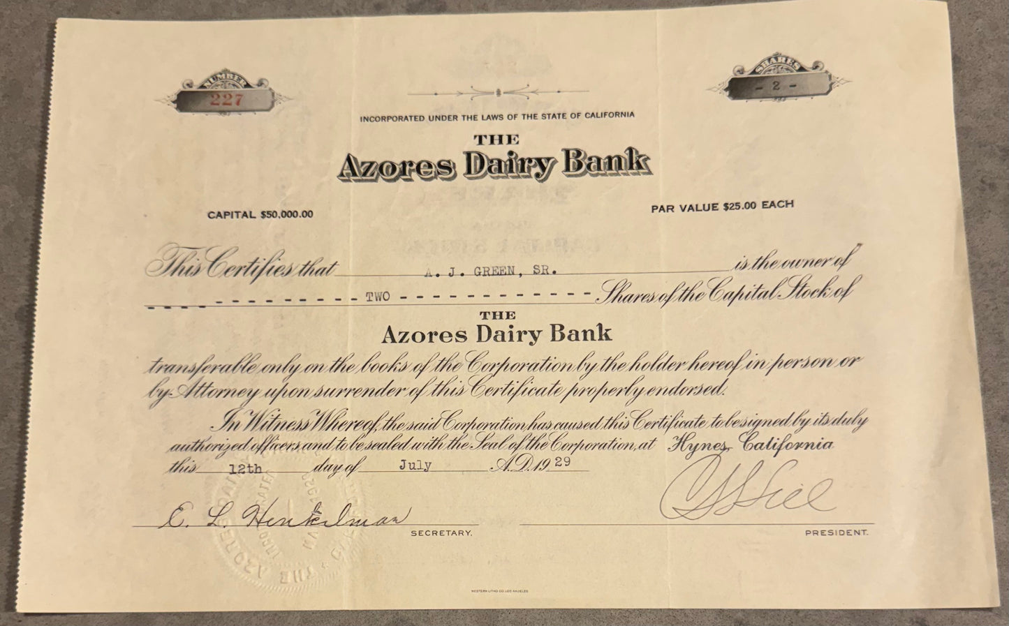 The Azores Dairy Bank Stock Certificate Hynes, California 1929