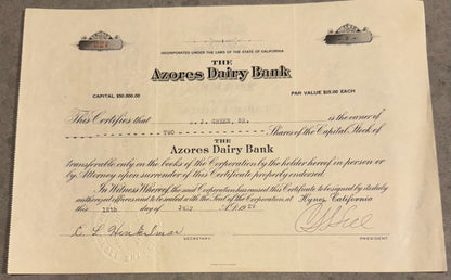 The Azores Dairy Bank Stock Certificate Hynes, California 1929