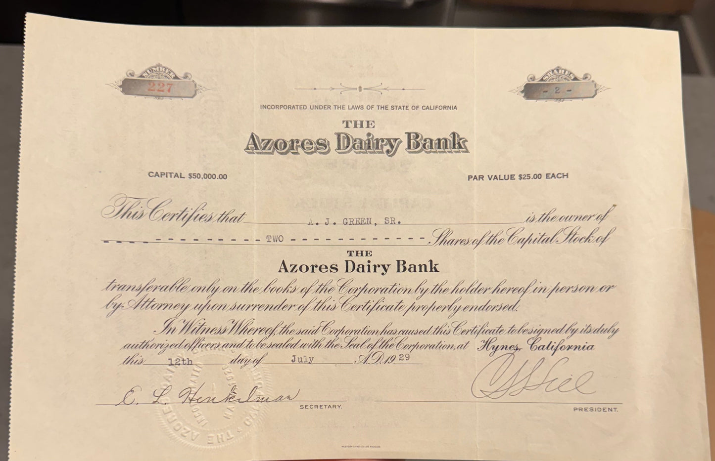 The Azores Dairy Bank Stock Certificate Hynes, California 1929