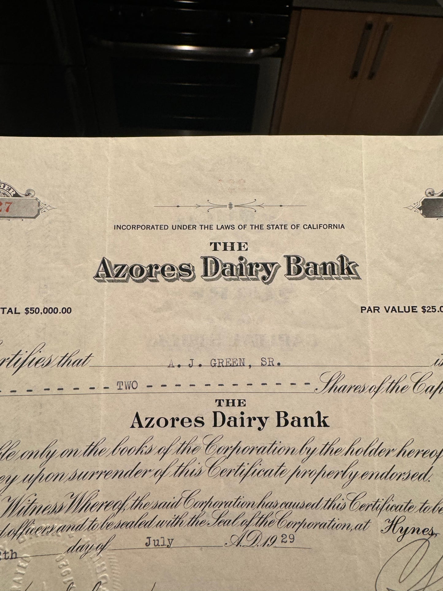 The Azores Dairy Bank Stock Certificate Hynes, California 1929