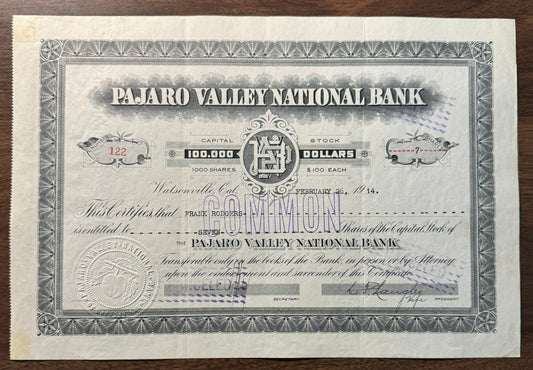 Pajaro Valley National Bank Stock Certificate 1914 (now Wells Fargo)