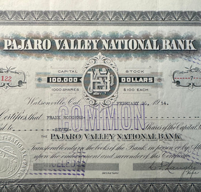 Pajaro Valley National Bank Stock Certificate 1914 (now Wells Fargo)