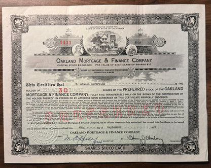 Oakland Mortgage and Finance Company Stock Certificate (California 1939)