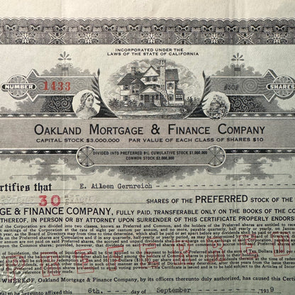 Oakland Mortgage and Finance Company Stock Certificate (California 1939)