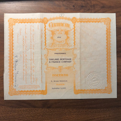 Oakland Mortgage and Finance Company Stock Certificate (California 1939)