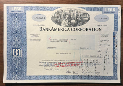 BankAmerica Corporation (now Bank of America) 1974 Stock Certificate