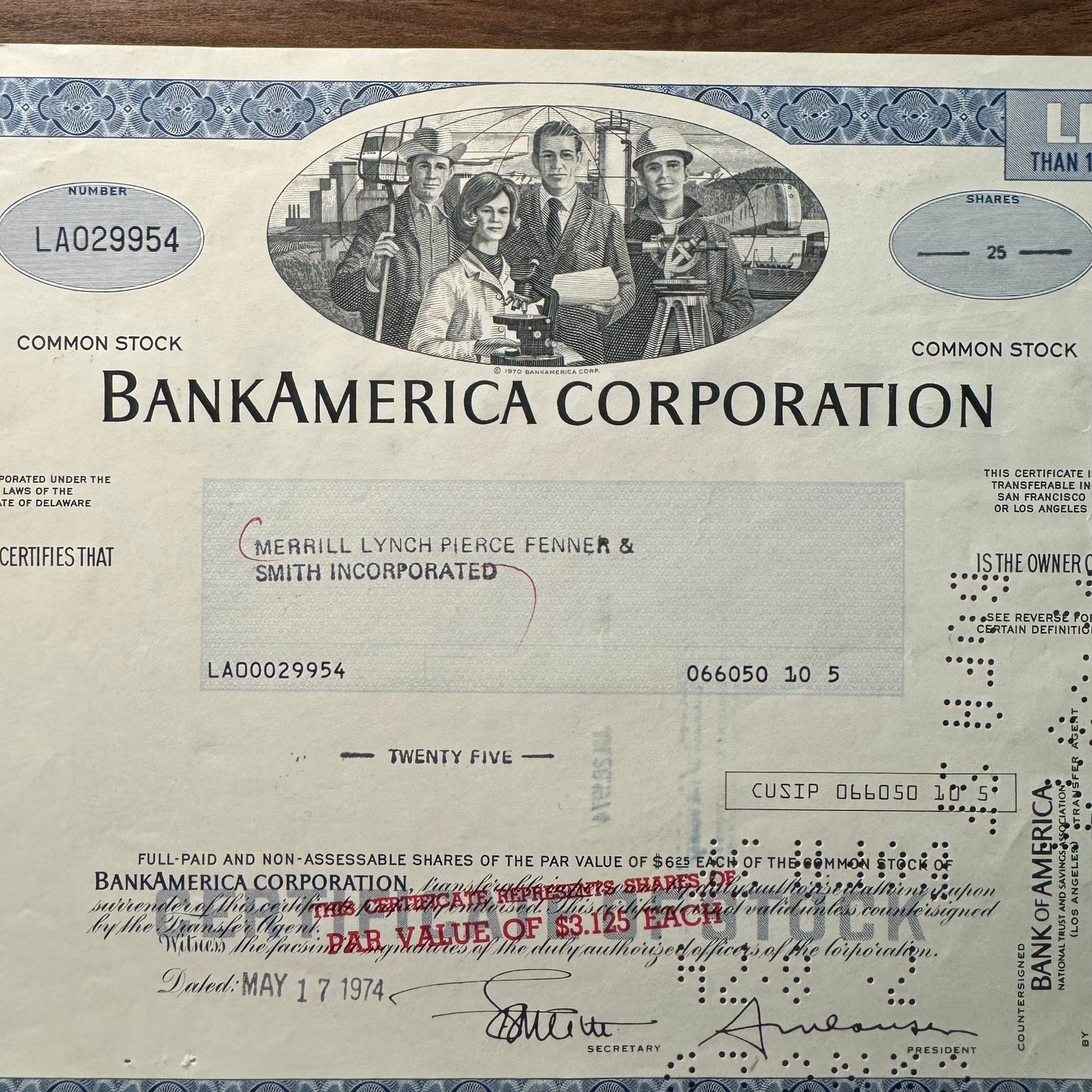 BankAmerica Corporation (now Bank of America) 1974 Stock Certificate