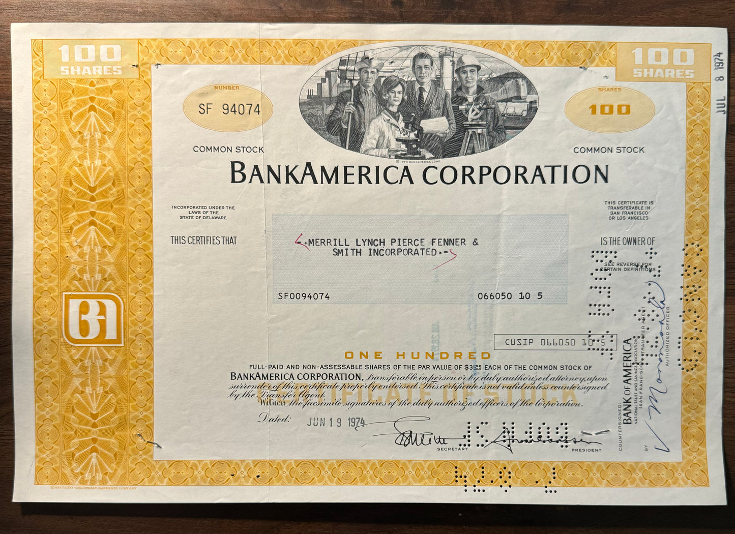 BankAmerica Corporation (now Bank of America) 1974 Stock Certificate