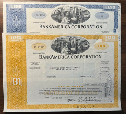 BankAmerica Corporation (now Bank of America) 1974 Stock Certificate