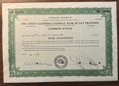 Anglo California National Bank of San Fransisco (now Wells Fargo) Stock Certificate 1946