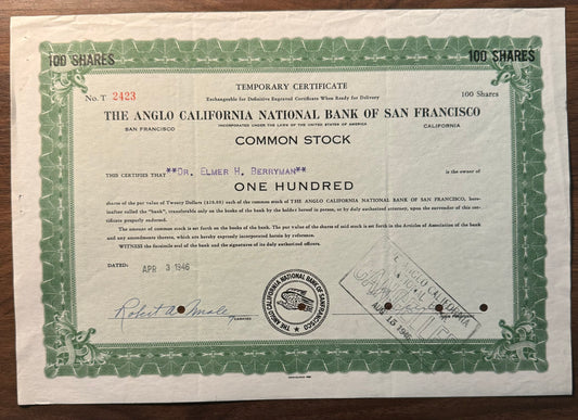 Anglo California National Bank of San Fransisco (now Wells Fargo) Stock Certificate 1946