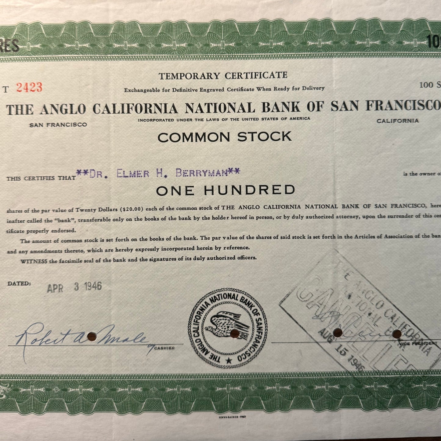 Anglo California National Bank of San Fransisco (now Wells Fargo) Stock Certificate 1946