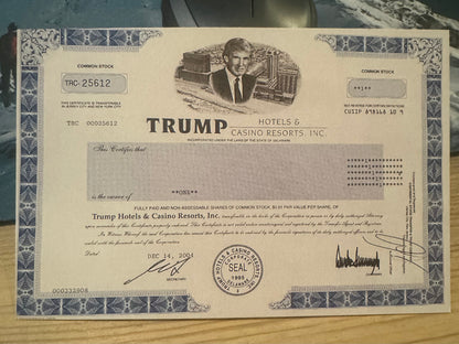 Trump Hotels & Casino Resorts Inc Stock Certificate Postcard