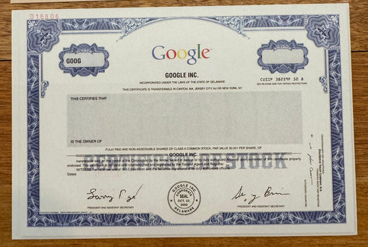 Google Stock Certificate Replica Blank Postcard