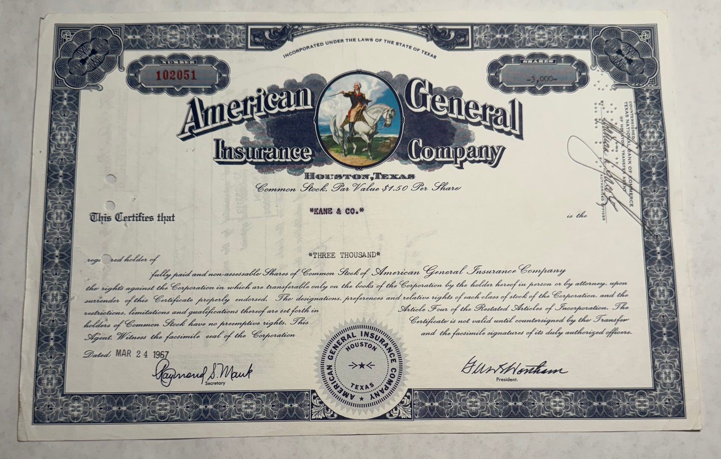 American General Insurance Company (with Colorful George Washington) Stock Certificate