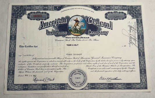 American General Insurance Company (with George Washington) Stock Certificate