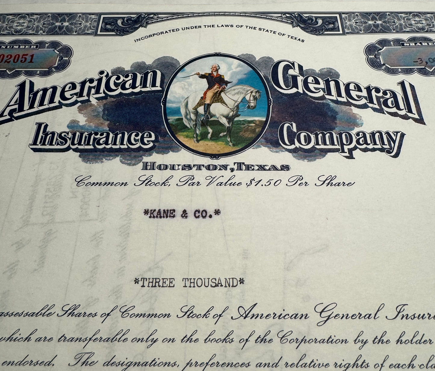 American General Insurance Company (with Colorful George Washington) Stock Certificate