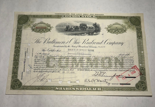 Baltimore & Ohio (B&O) Railroad Company Green Stock Certificate