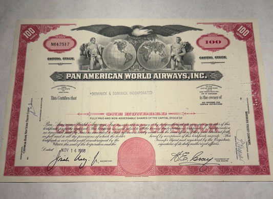 Pan American World Airways Inc, Red Stock Certificate