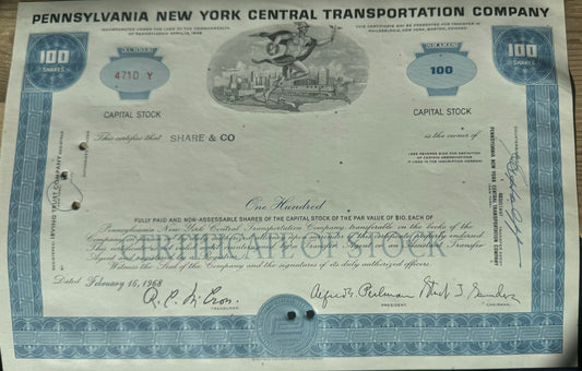 Pennsylvania New York Central Transportation Company (Blue) Stock Certificate