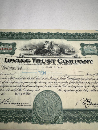 Irving Trust Company (now BNY Melon) Stock Certificate