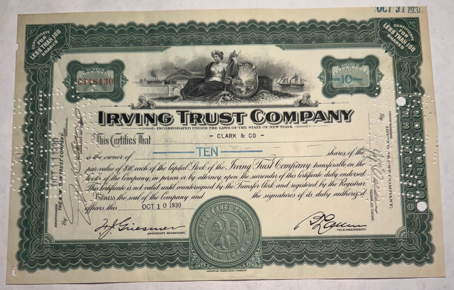 Irving Trust Company (now BNY Melon) Stock Certificate