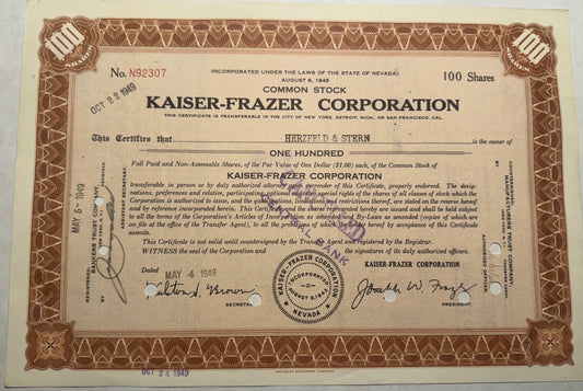 Kaiser-Frazer Corporation (Jeep, now Chrysler) Stock Certificate