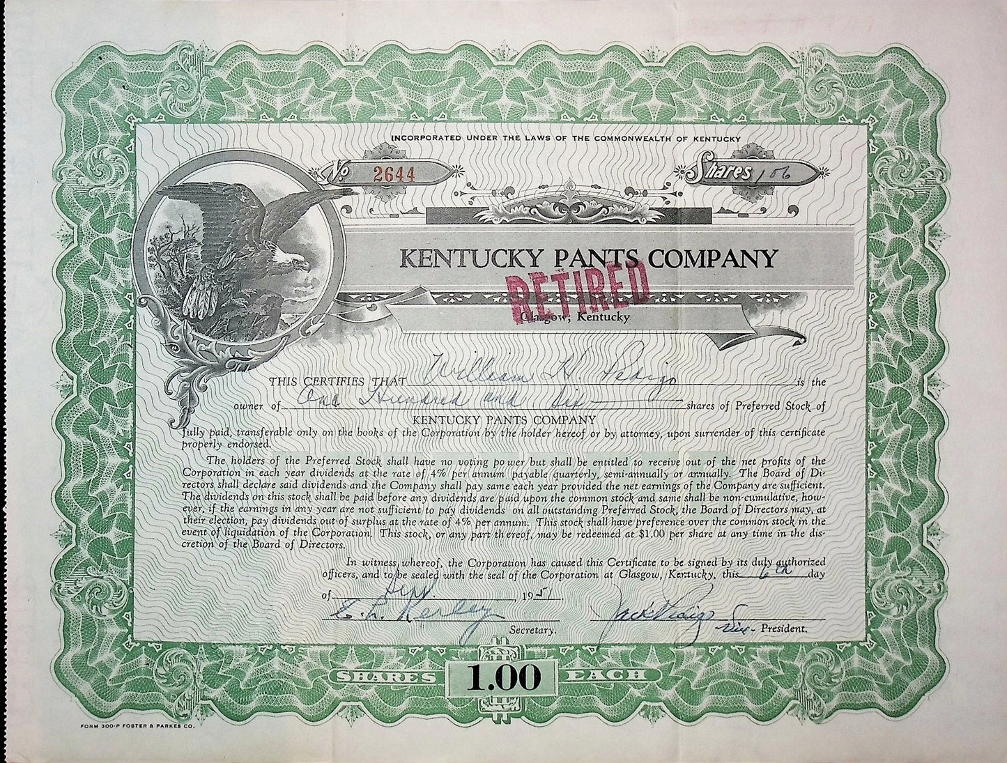 Kentucky Pants Company, Inc Stock Certificate from 1940s/50s