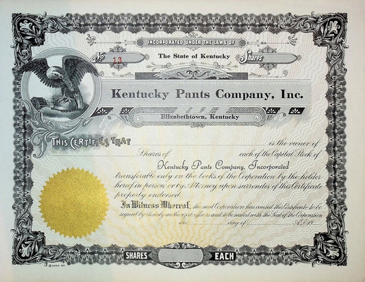 Kentucky Pants Company, Inc Stock Certificate from 1940s/50s