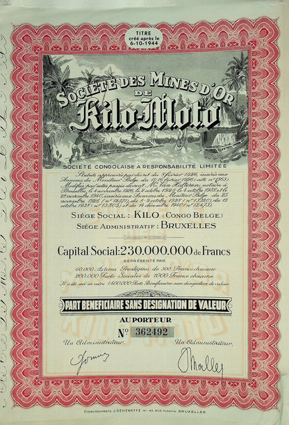 Société des Mines d'Or de Kilo-Moto (Gold mine in Congo) Stock Certificate from 1944