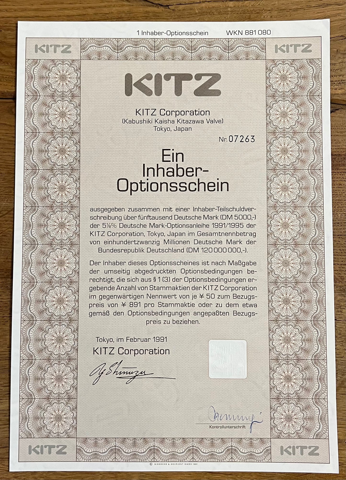 Kitz Corporation Warrant Certificate (In German via Tokyo)