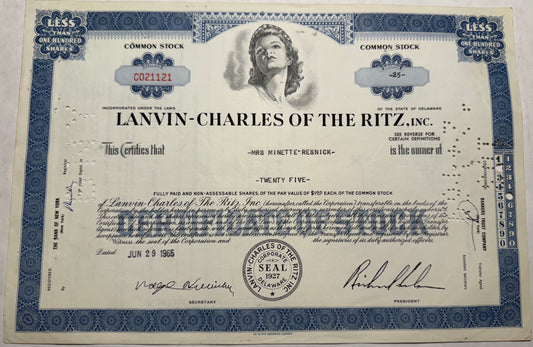 Lanvin-Charles of The Ritz Inc Stock Certificate