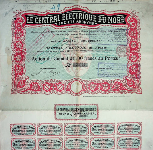 Le Central Electrique du Nord (Belgian electrical company) Stock Certificate from 1905