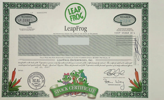 LeapFrog Stock Certificate from 2007 - Colorful