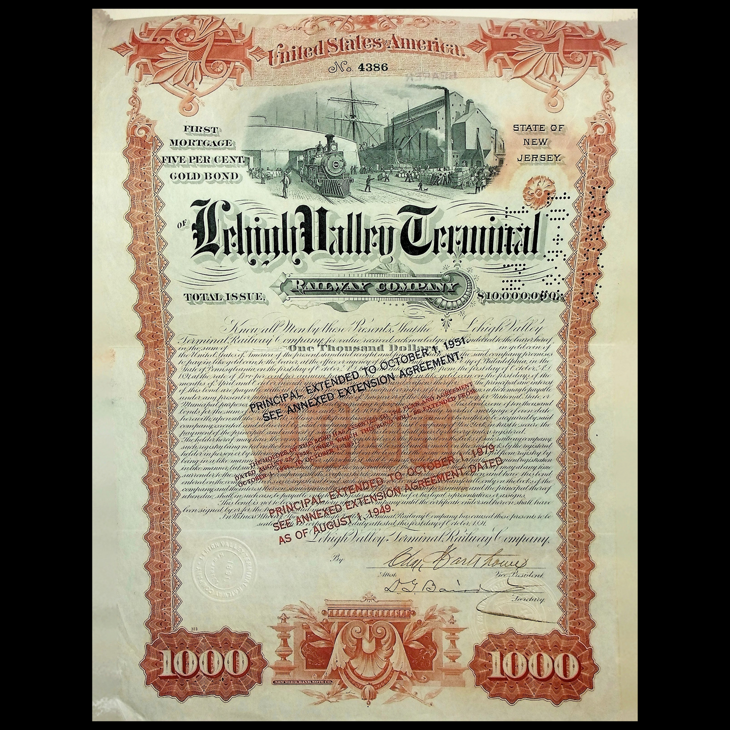 The Lehigh Valley Terminal Railway Company Bond Certificate from 1892