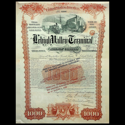 The Lehigh Valley Terminal Railway Company Bond Certificate from 1892