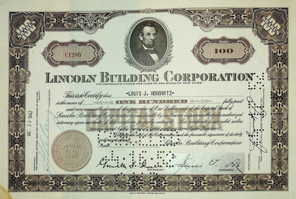 Lincoln Building Company (with Abraham Lincoln's Photo) Stock Certificate - 1 Grand Central Bdlg