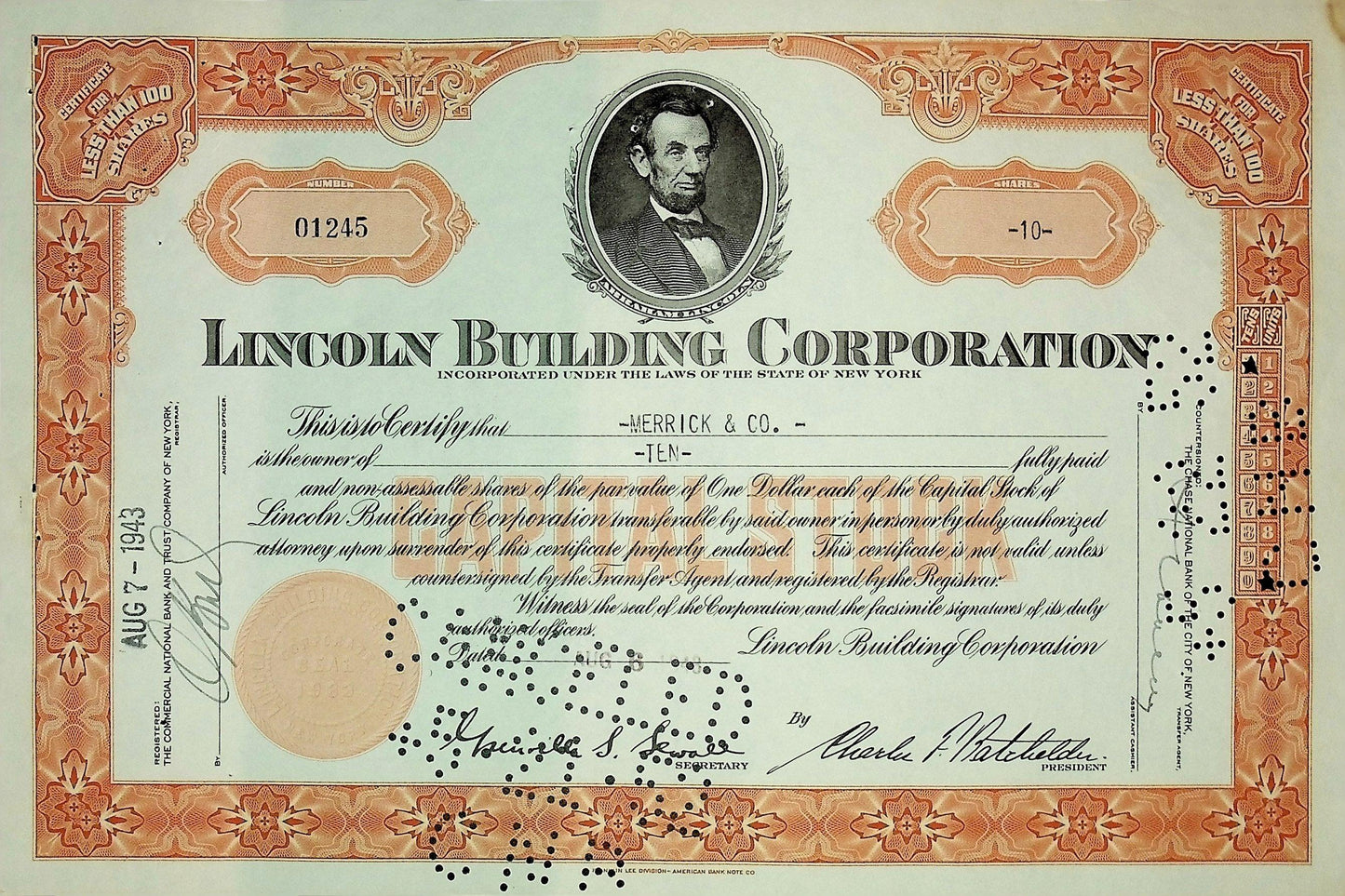 Lincoln Building Company (with Abraham Lincoln's Photo) Stock Certificate - 1 Grand Central Bdlg